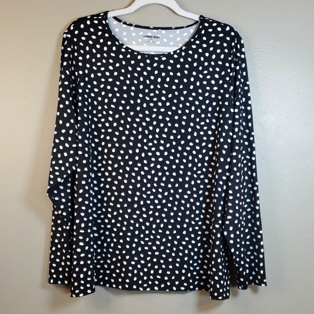 Land's End Women's Black and White Polka Dot, Long Sleeve Top. 2X